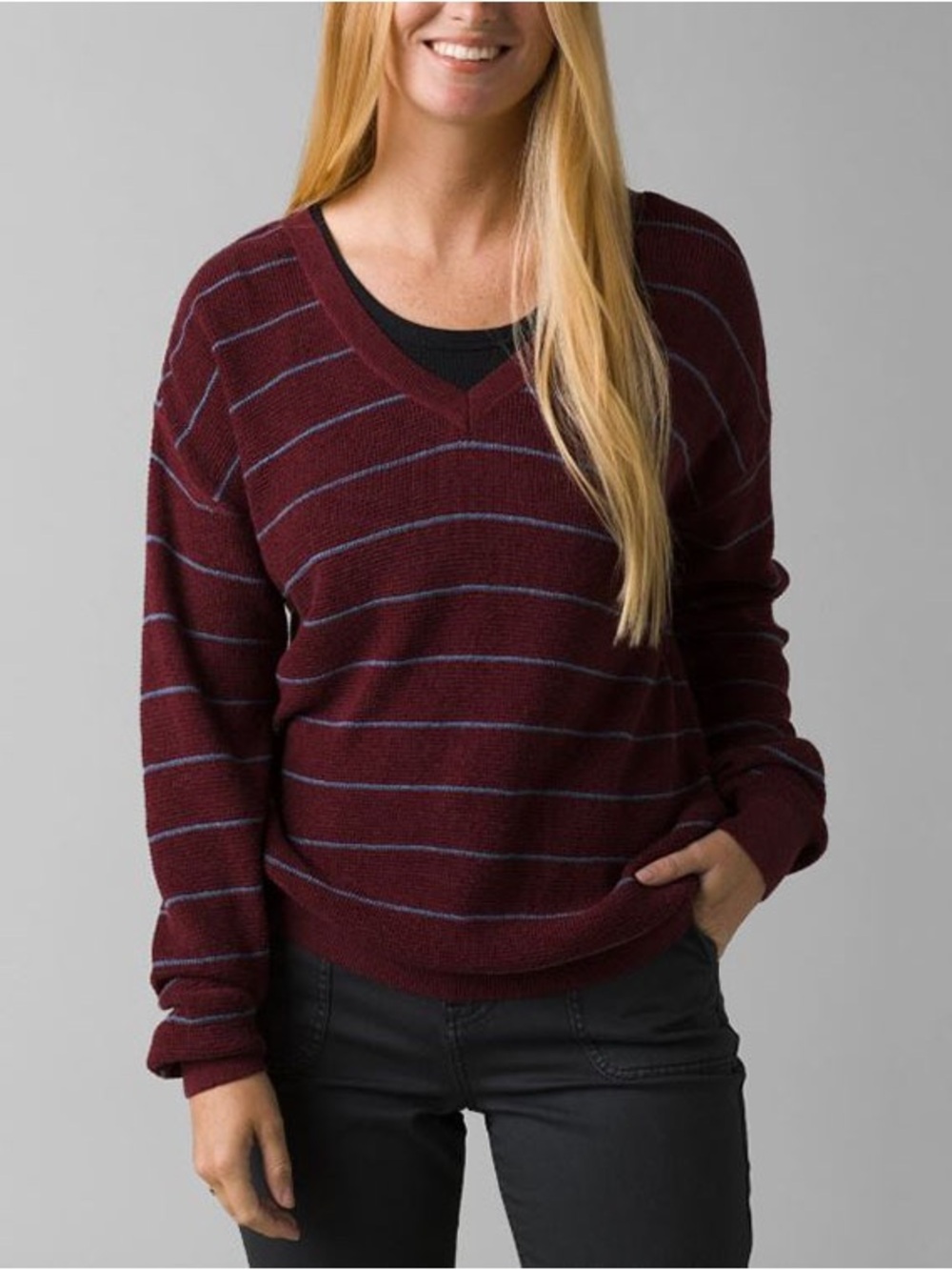 NWT PrAna Milani V-Neck Burgundy Blue Striped Sweater Sz Lg